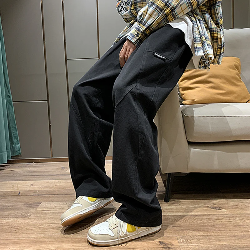 

Модные мужские джинсы в стиле американского хип-хопа, олдскульные, с лоскутным шитьем, прямого кроя, весенне-осенние, молодежные, длинные брюки