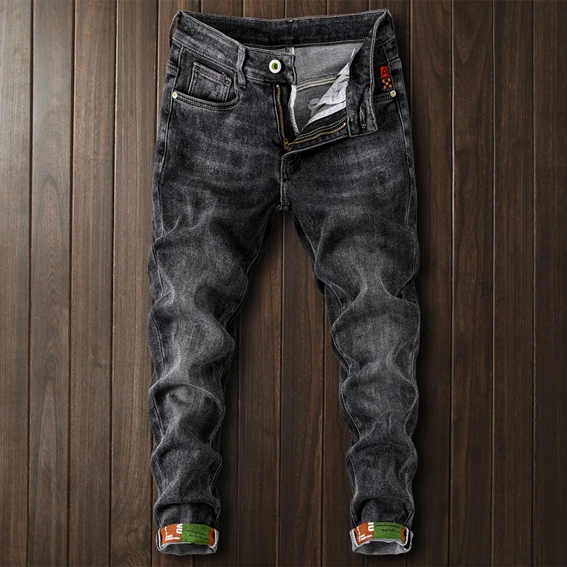 

Fashionable high-end jeans men's trendy printed light luxury handsome slim fit elastic small feet casual comfortable long pants