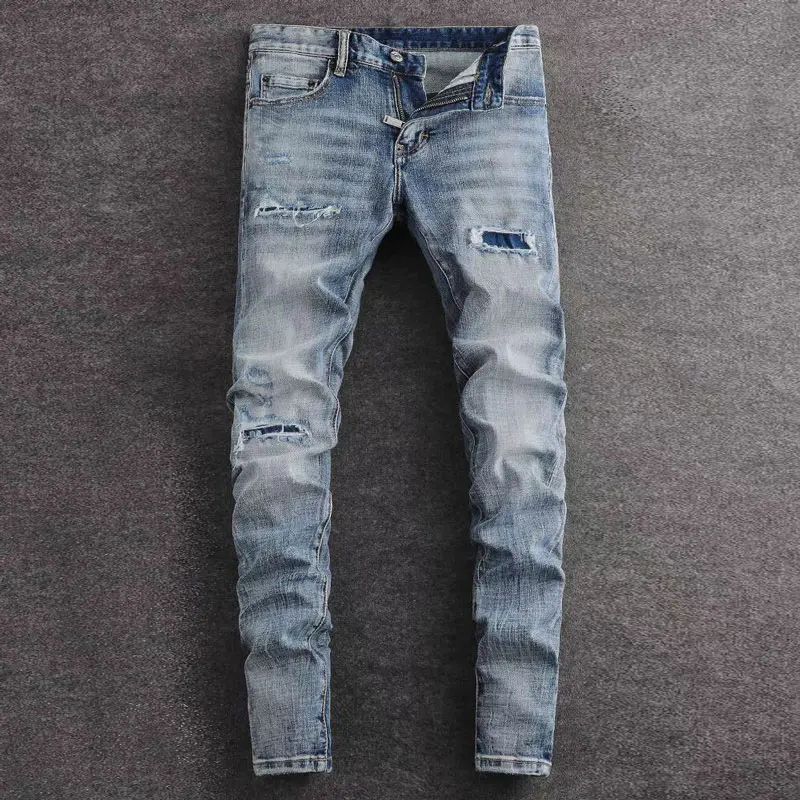 

Designer streetwear fashion men's jeans retro washed blue stretch slim fit corrugated jeans men's patchwork hip-hop brand pants