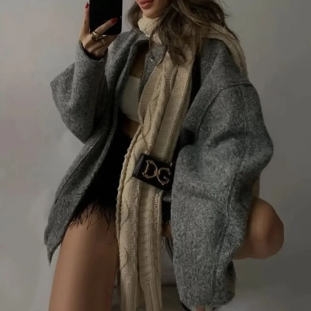 

Y2K Stand Loose Casual Jacket Street Collar Hidden Button Autumn Winter New Style 15 Colors Women's Fashion Outerwear