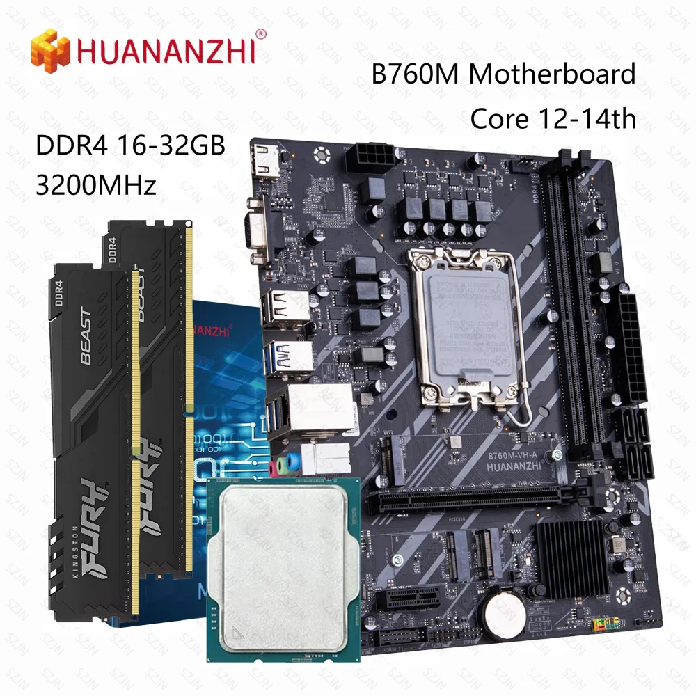 HUANANZHI B760M Motherboard Set with 12-14th Core DDR4 3200MHz Support M.2 NVME CNVI WIFI B760M VH A Gaming Motherboard Combo