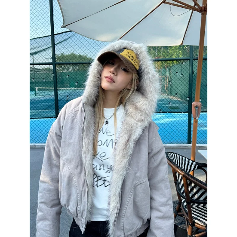 American Retro Fur Collar Hooded Jacket Women Y2K Streetwear Winter New Velvet Thickened Warm Harajuku Loose Casual Jacket