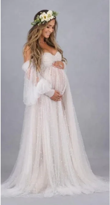 Maternity Photography Props Dress Dense Pearl White Yarn Maternity Photography Clothing Babyshower Gown Photo Shoot Pregnant