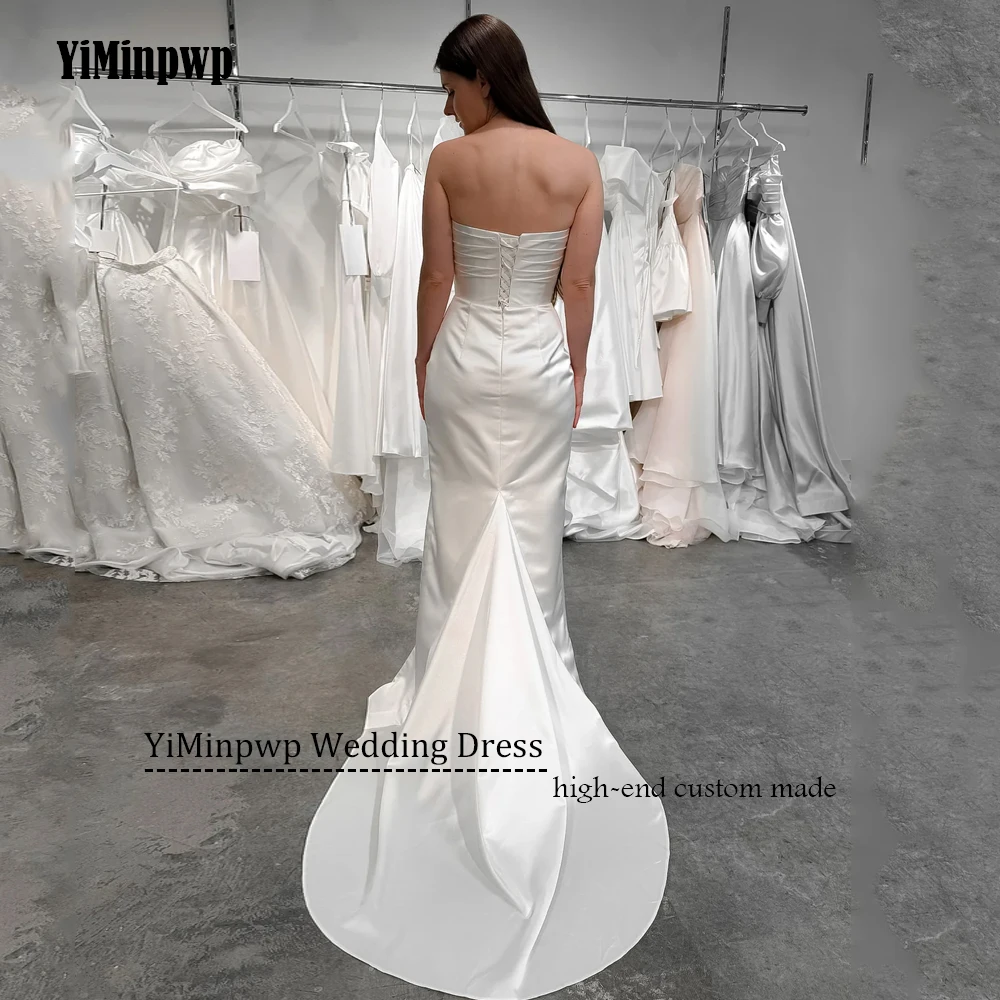 Sexy sem alças vestidos de casamento plissado cetim sereia personalizado nupcial crescido destacável mangas compridas lado split vestido de noiva