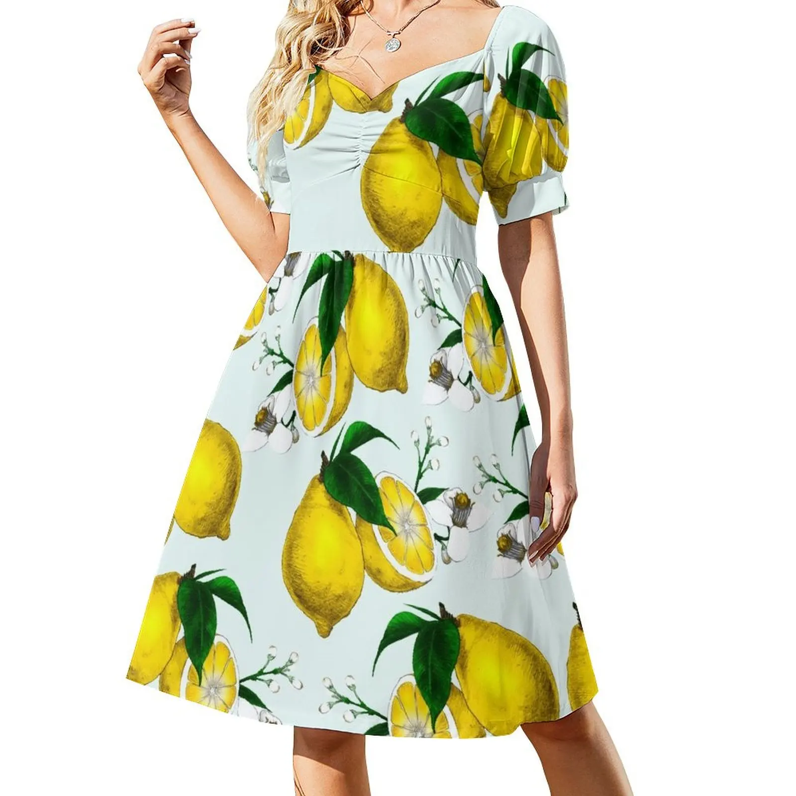 Cute Lemon Print on Blue Background Short Sleeved Dress Clothing dresses for woman 2025 Dress