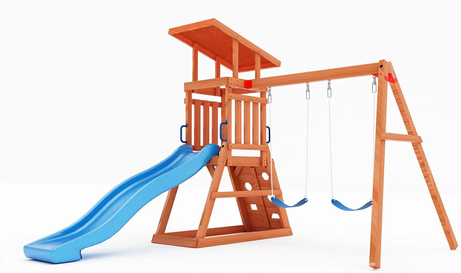 

Dolphin Playground Wooden Swing Sets for Backyard with 6FT Slide, Outdoor Playset for Kids with Sand Pit, Climbing Wall, and 2 B