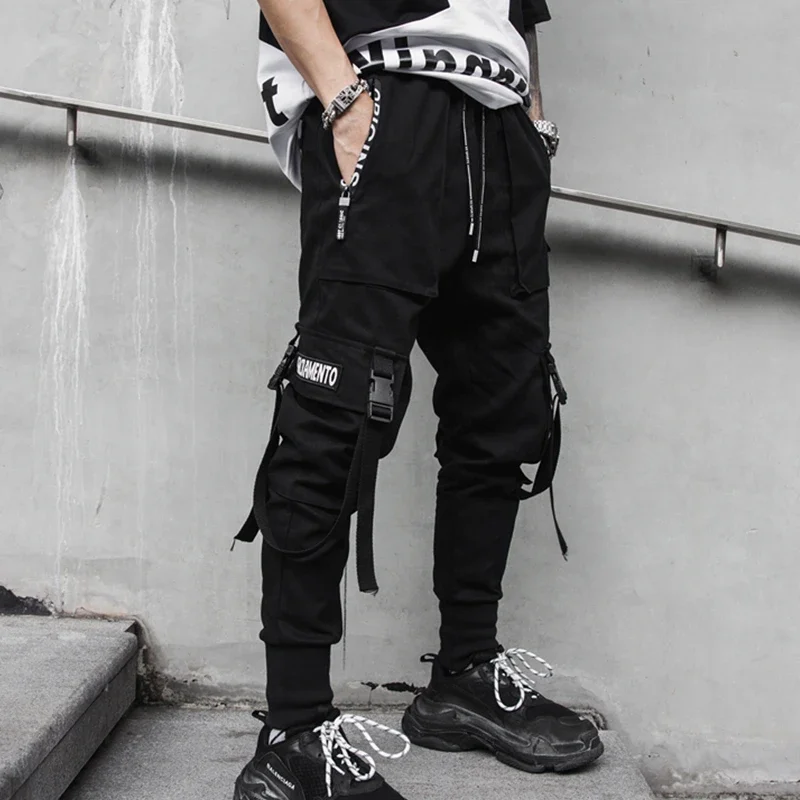 

2023 New Fashion Men Harem Pants Hip Hop Buckles Strap Joggers Streetwear Casual Ripped Trousers Cargo Pants ABZ367