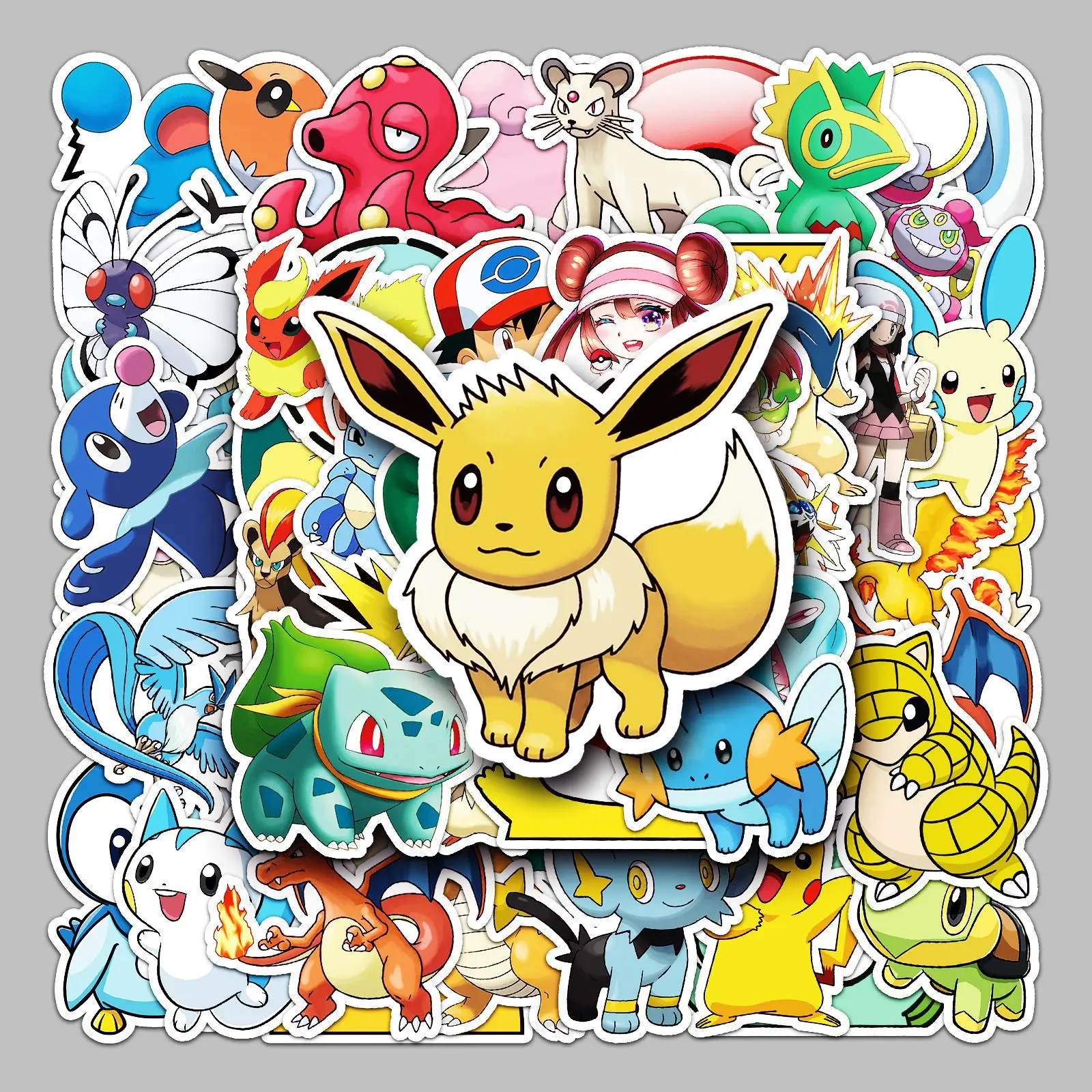 

50 Pcs Pokémon Pikachu Meowth Cartoon Waterproof Anime Peripherals DIY Graffiti Notebook Phone Case Water Cup Decoration Toys