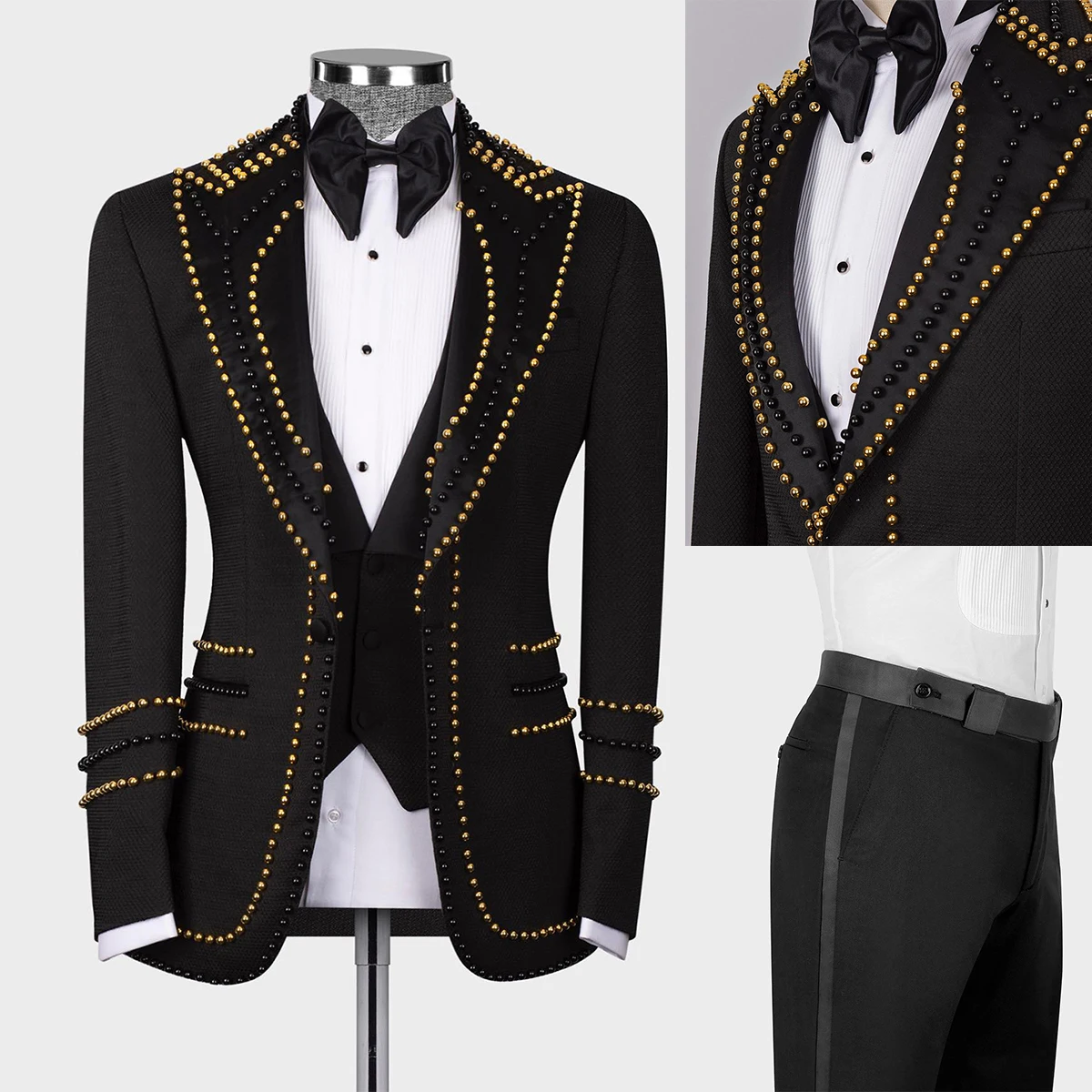 Hochzeit Herren anzüge Design Gold Perlen Peaked Revers Smoking formale Slim Fit Bräutigam tragen 2 Stück Jacke und Hose