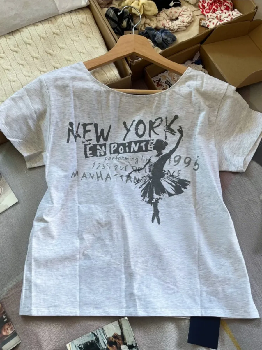 Gray Back Bow Lace-up Cut Out T-shirt Women Letter Print O-neck Cotton Short Sleeve Tshirt Vintage Sweet Preppy Style Tee Tops