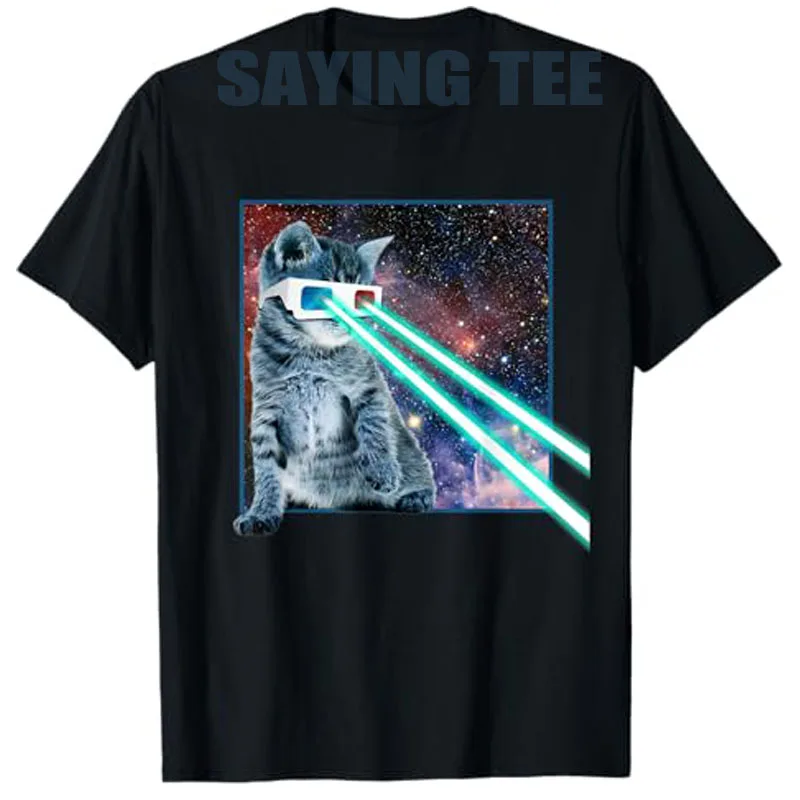 

Laser Eyes Space Cat | Funny Kitty 3D Glasses T-Shirt Novelty Gift Women's Fashion Cool Kitten Y2k Design Graphic Outfit Tees