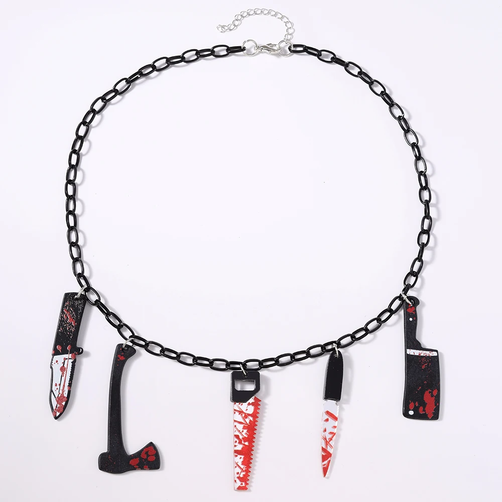 Aihua Punk Gothic Dark Bloody Knife Sword Ax Anhänger Halskette für Damen Herren Y2K Metall Choker Schlüsselbeinkette Halloween Schmuck – Detail 5