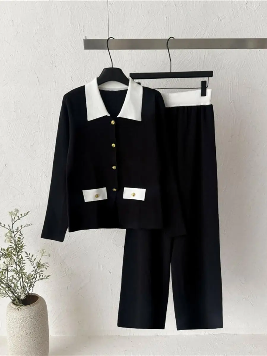 Slimming Effect Knitted Knitwear High Waist Wide Leg Pants Two Piece Set Women's Fashion Outfit Contrast Color Turn-down Collar