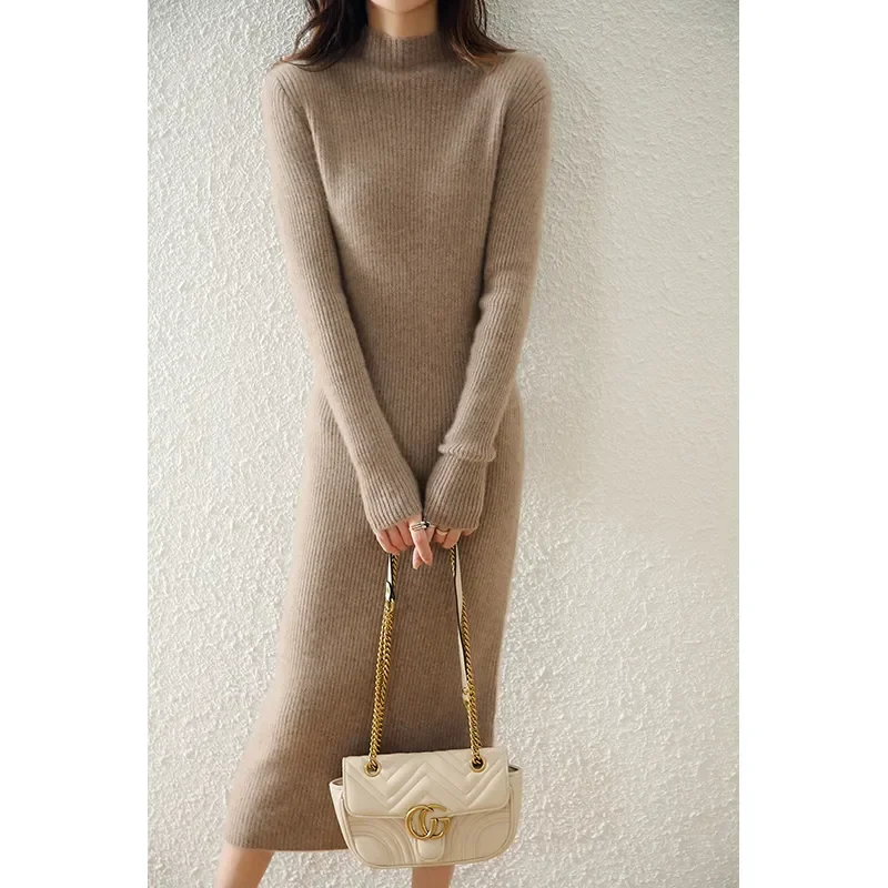 Elegant Fashion Sweater Women's Dress 100% Pure Wool Knitted Long Sleeve Knee Length  Autumn/Winter 2024 New S-2XL N119