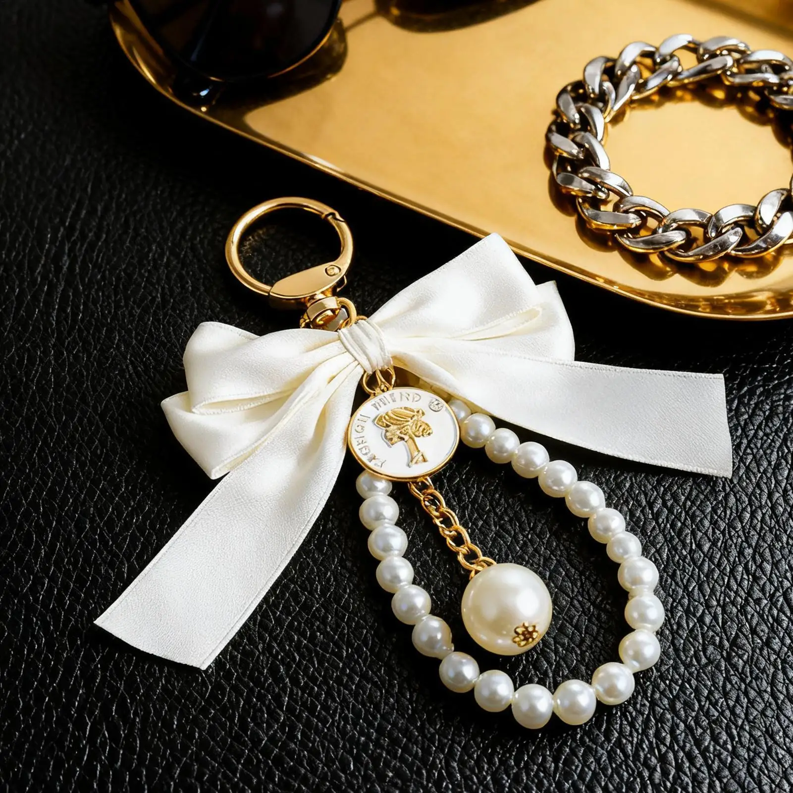 Charm Bow Heart Star Keychain Pendant  Hangable Ornament Bag Decoration Pendant Pearl Chain Women's Car Pendant Statement