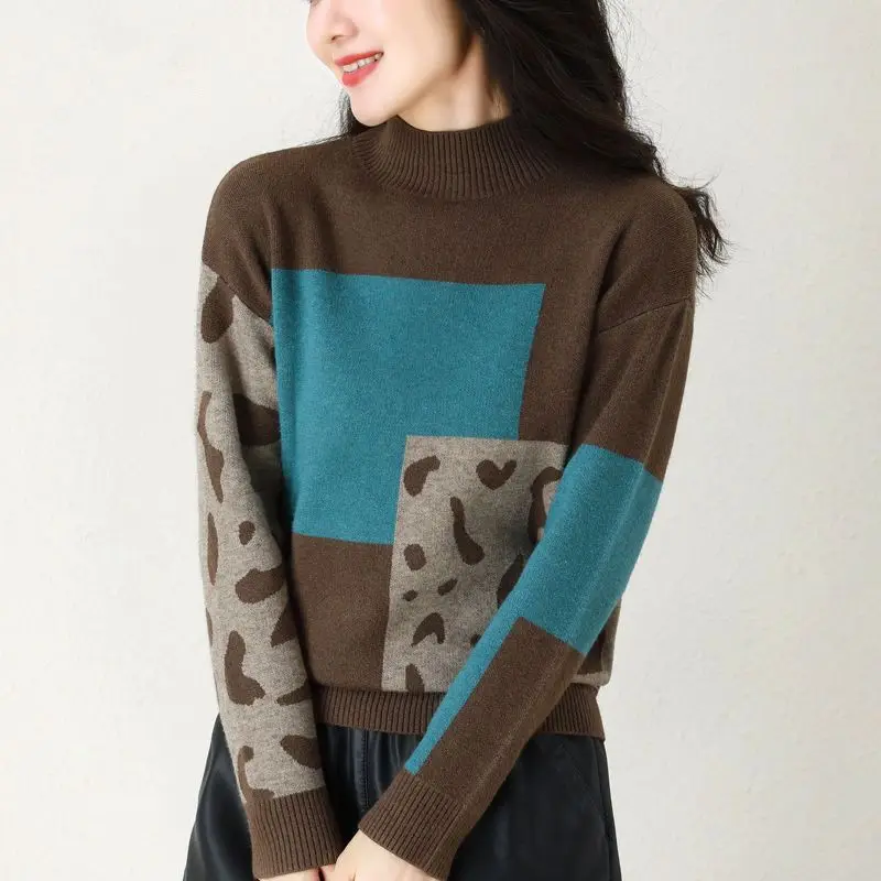 Maglioni patchwork a collo alto vintage moda autunno inverno Abbigliamento donna Pullover corti casual lavorati a maglia per donna