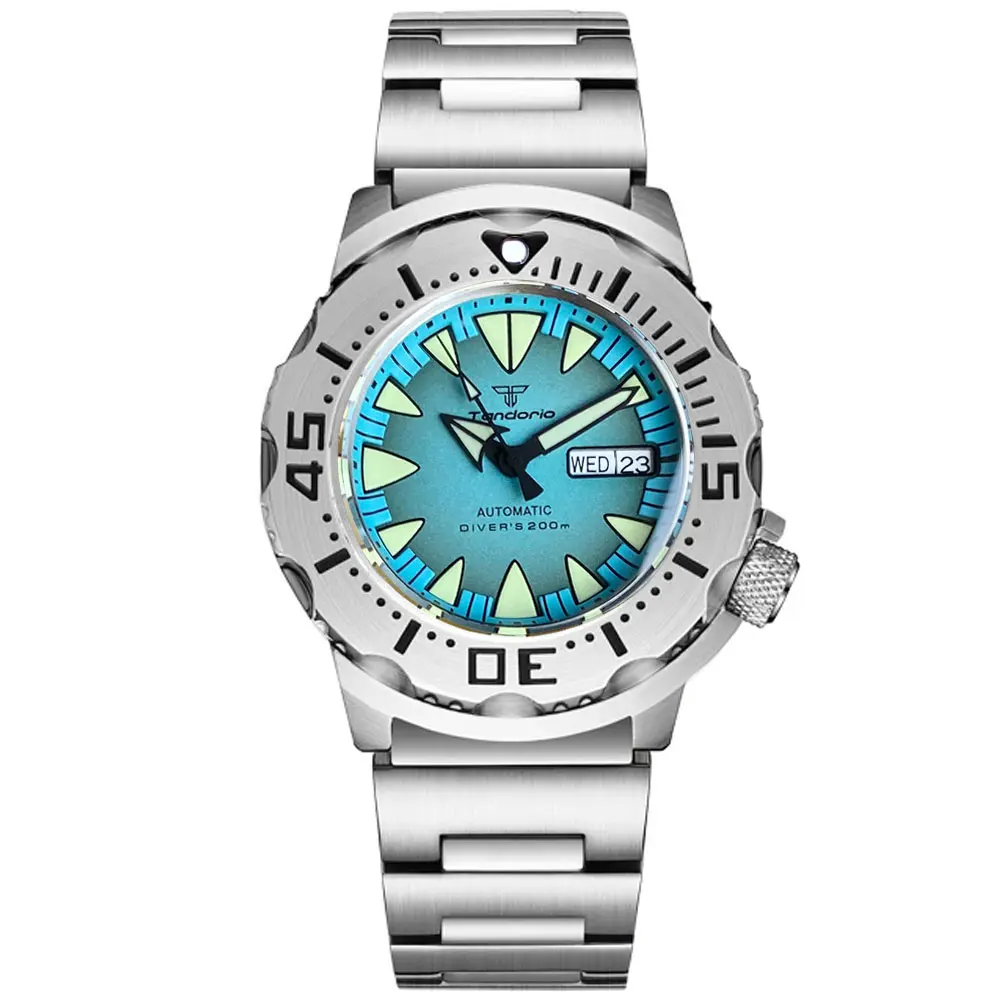 Tandorio reloj de pulsera automático de acero para buceo, cronógrafo resistente al agua de 200M, esfera azul cielo SEIK NH36 Movt, AR Sapphire