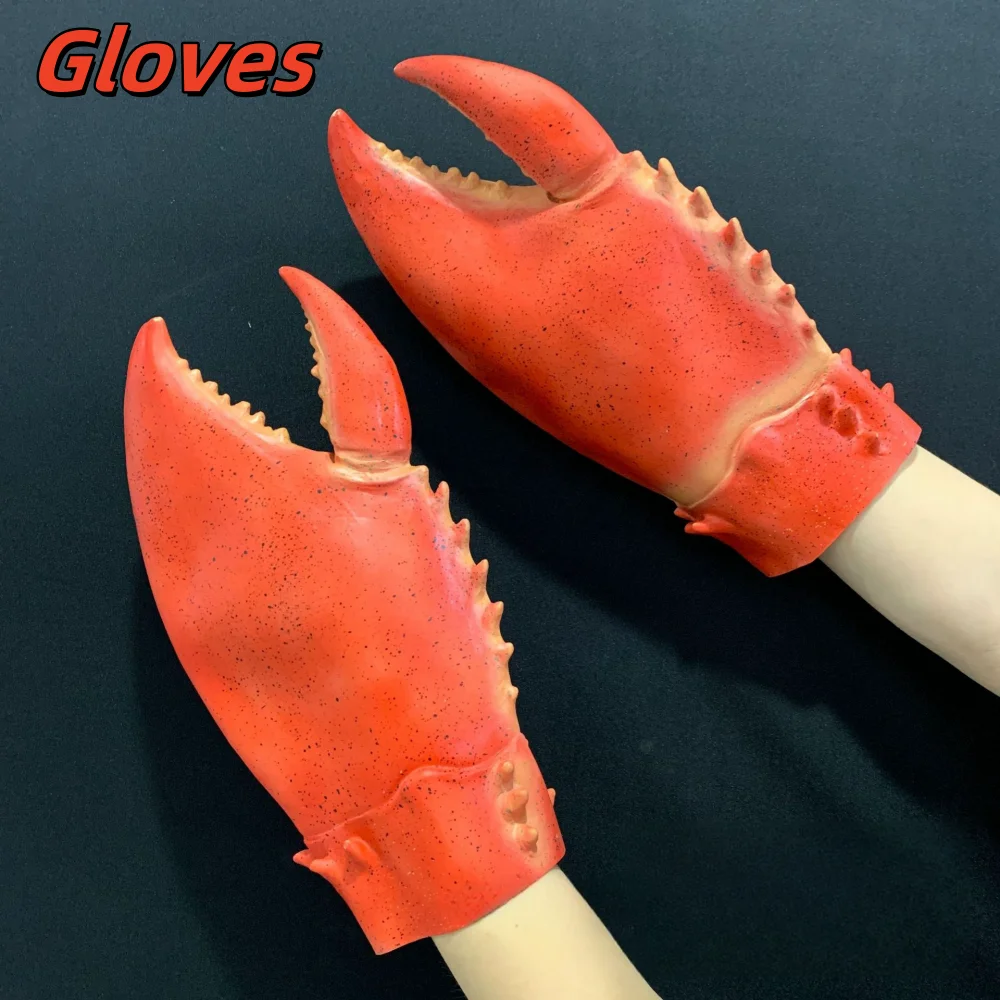 Realistic Lobster Head Mask Giant Crab Claw Gloves Halloween Role Play Full Head Latex Props Funny Animal Head Accessories Adult