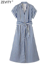 Zevity Women Fashion Short Sleeve Striped Print Casual Midi Shirt Dress Office Lady Chic Buttons Business Linen Vestidos DS4474