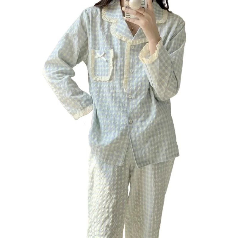 Plaid Sleepwear Women Pajama Sets Autumn Piiama Ruffles Pants Sets for Women 2 Pieces Button Korean Night Wears Pocket Home Suit