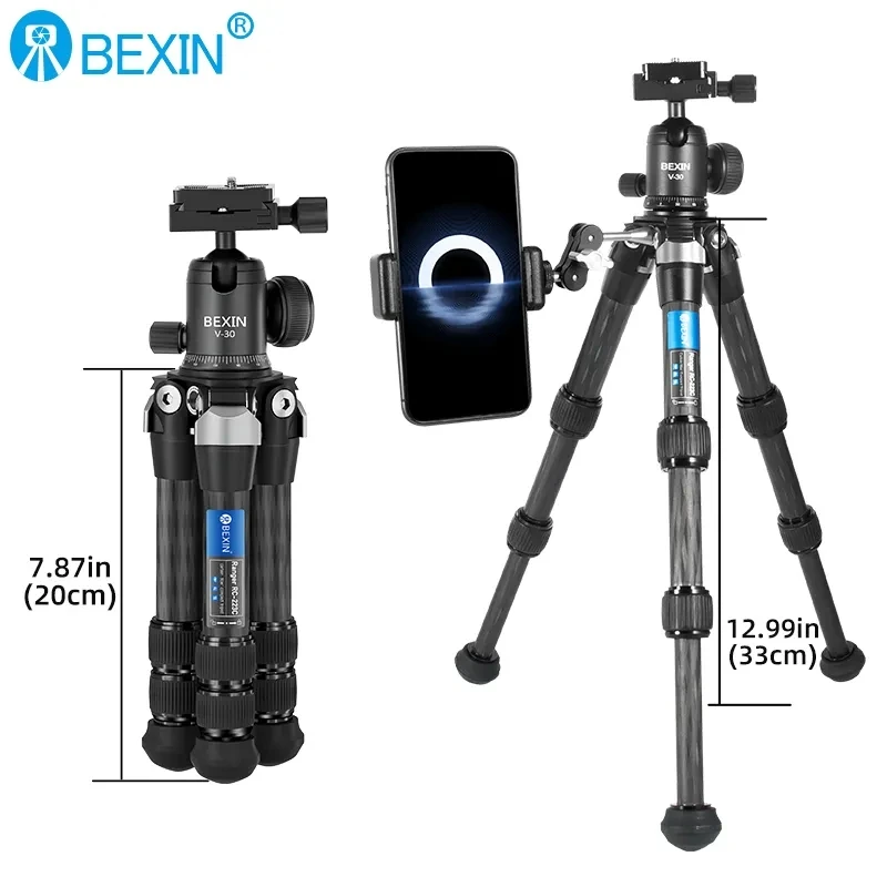 BEXIN RC223C Portable Folding Carbon Fiber Desktop Tripod Max Load 10kg Lightweight Compact Tripod for DSLR Camera Mobile Phone