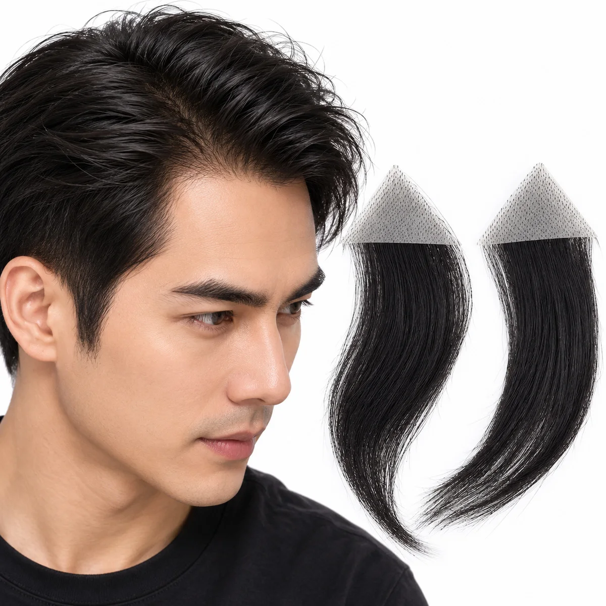 Natural Black Human Hair Temple Patches 6 Inch with PU Base 100% Density for Men And Women European Style Hair Replacement