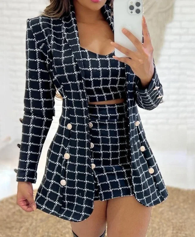 

3Pcs Elegant Plaid Print Long Sleeves Blazer Coat & Above Knee Skirt Set with Crop Top 2023 New Stylish Ladies Office Suit Set