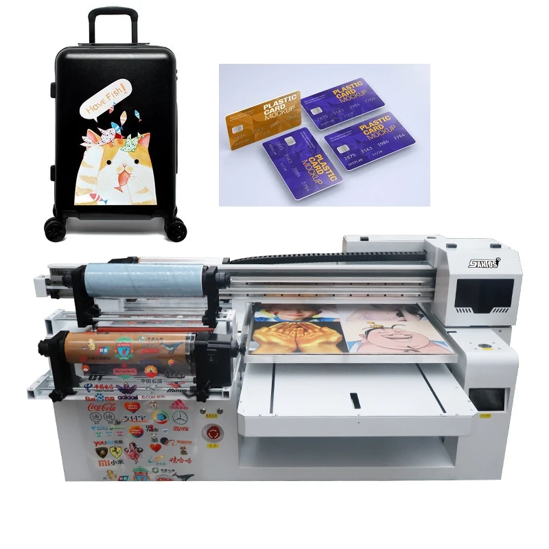 Hybrid uv flatbed printer 6090 for small business uv flatbed white+cmyk+varnish oil color three printhead printing machinery