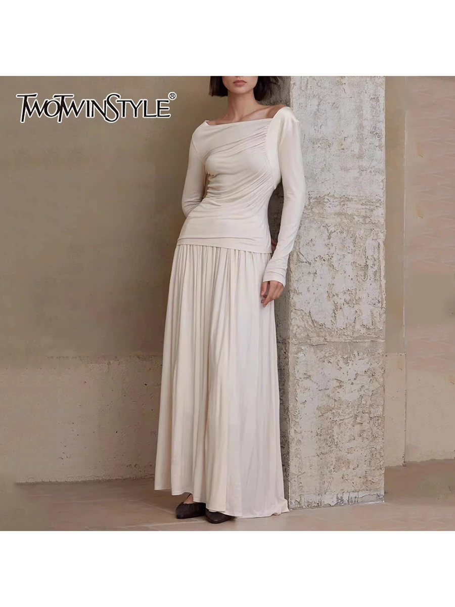 

TWOTWINSTYL Solid Spliced Folds Casual Two Piece Sets for Women Diagonal Collar Long Sleeves T Shirt High Wasit Skirt Set Female