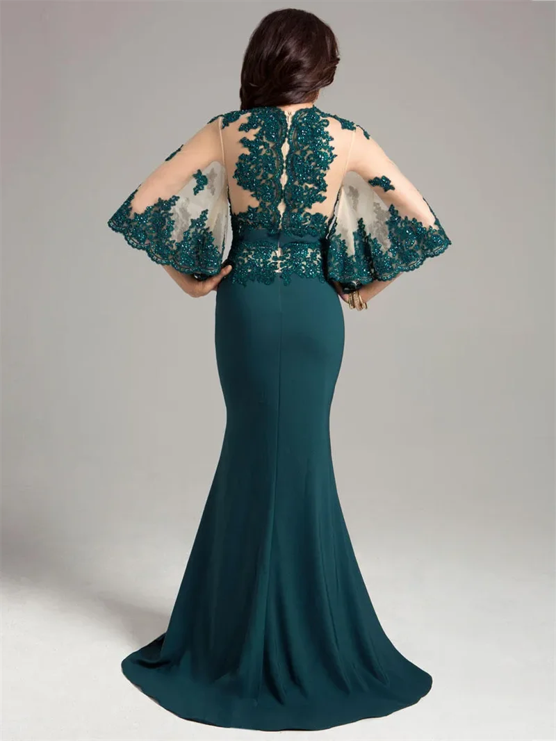 Vestido elegante de encaje verde azulado para madre de la novia, vestidos de sirena con cuello en V, Media manga de poeta, apliques de cuentas, lentejuelas, vestido de invitados de boda