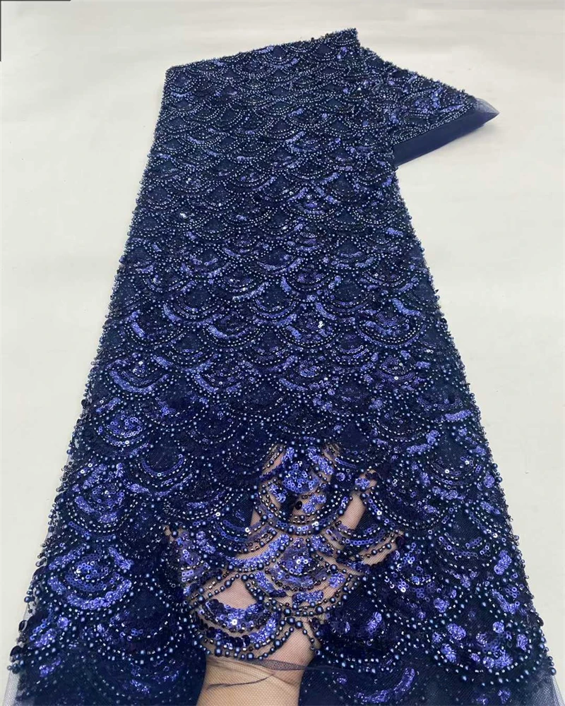 Latest African Sequins Lace Fabric High Quality Lace Embroidery Beaded Mesh Fabric 5 Yards For Women Wedding Party Dress
