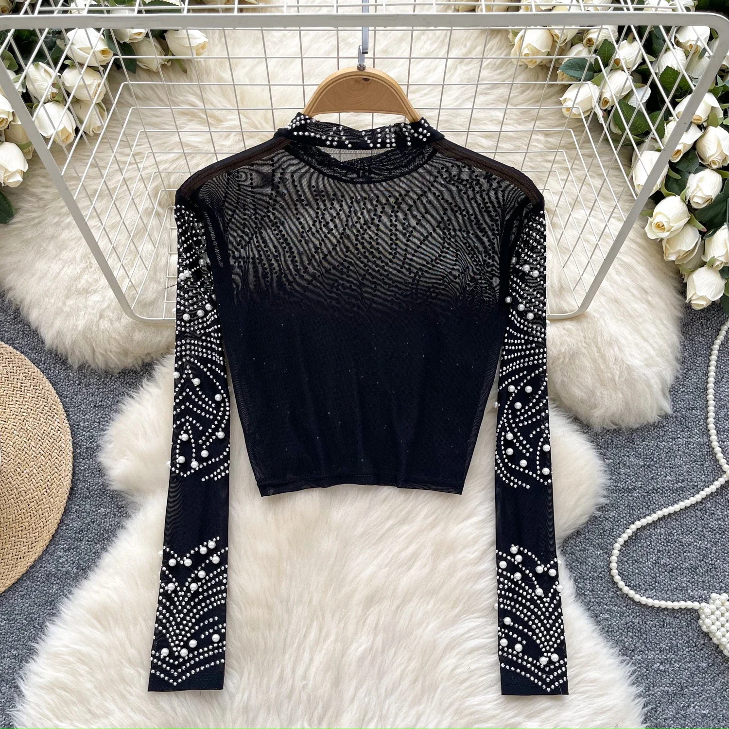 Basics Long Sleeves Stand Collar Vintage Rhinestone Mesh Slim Hotsweet Top Streetwear Fashion High Street Spring Autumn T-Shirts