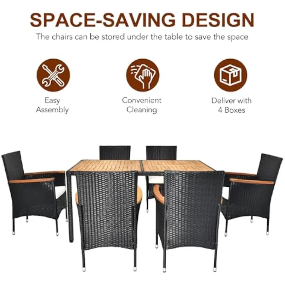 

7-piece Terrace Dining Set, Willow Outdoor Dining Set Suitable for 6 Terrace Furniture, Equipped with Lovewood Table