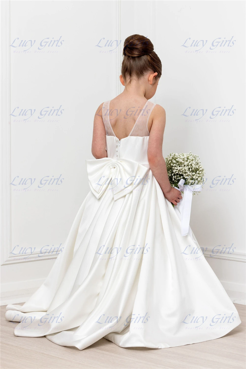 Lovely Bridesmaid Flower Girl Dress Quality White Satin Fluffy With Big Bow for Kids Wedding Birthday Party Evening Ball Gowns