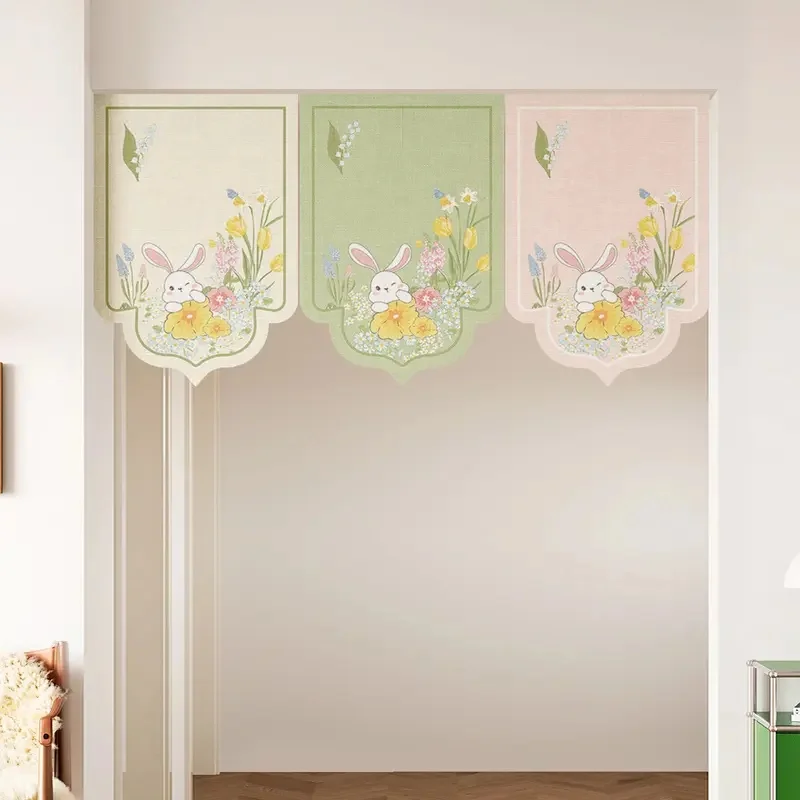 VIKAMA Cute Rabbit Floral Valance Curtain Cartoon Bunny Flower Print Short Window Curtain for Kitchen Cabinet Home Decor