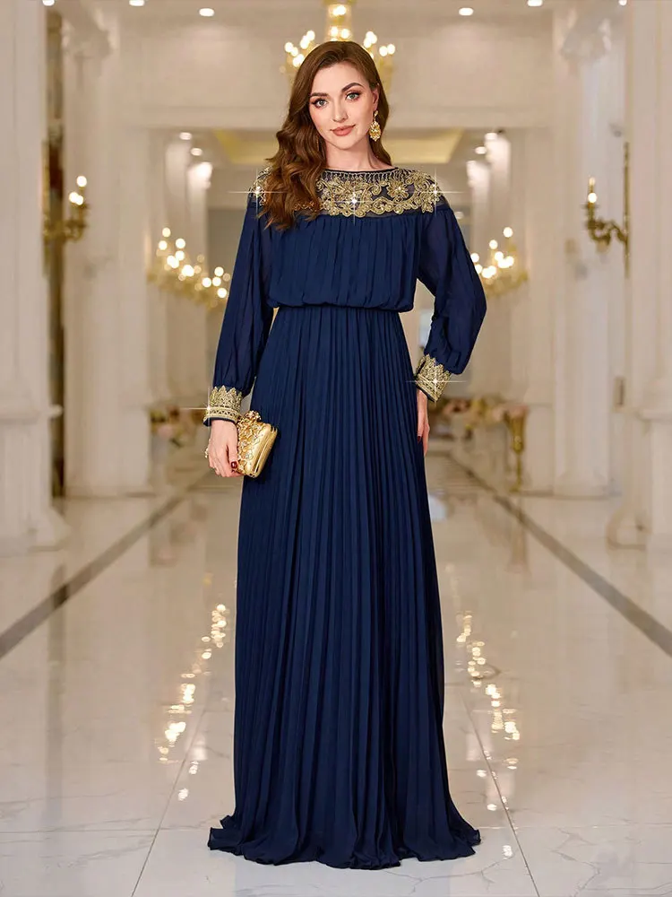 Fashion Women Chiffon Dress Elegant Pleated Evening Dresses Muslim Abaya Formal Wedding Gown Appliques Kaftan Marocain Vestidos