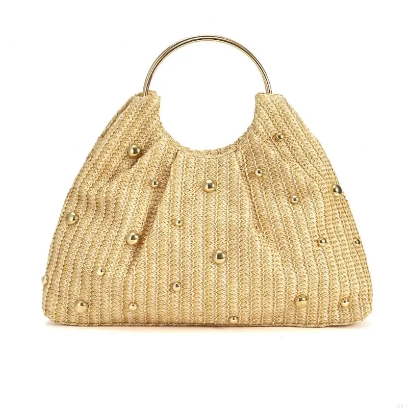 

Casual Woven Straw Purse With Round Metal Handle Bead Embellishment for Women 20CA