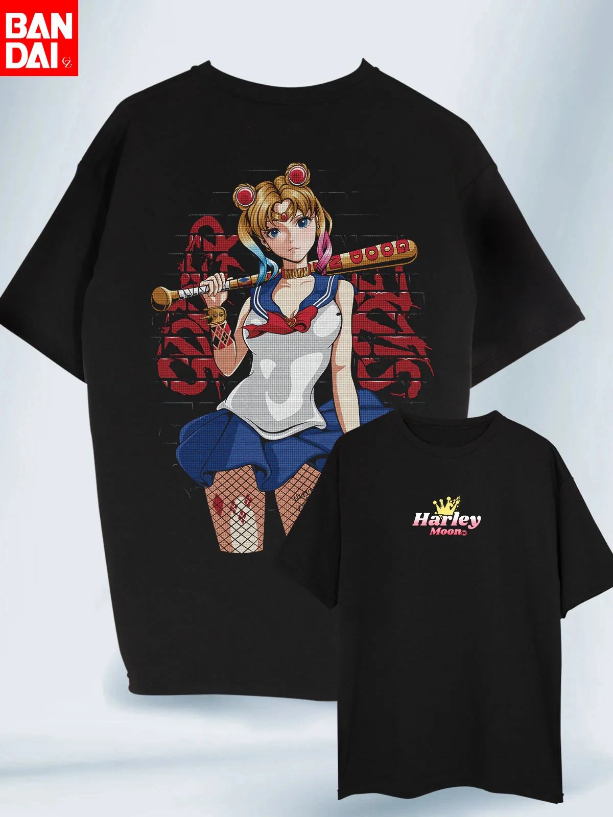 Harley Moon X Sailor Moon Crossover Print T-Shirt Herren 2026 Sommer Schwarz Oversized Tee Anime Streetwear Harajuku Loose Cotton