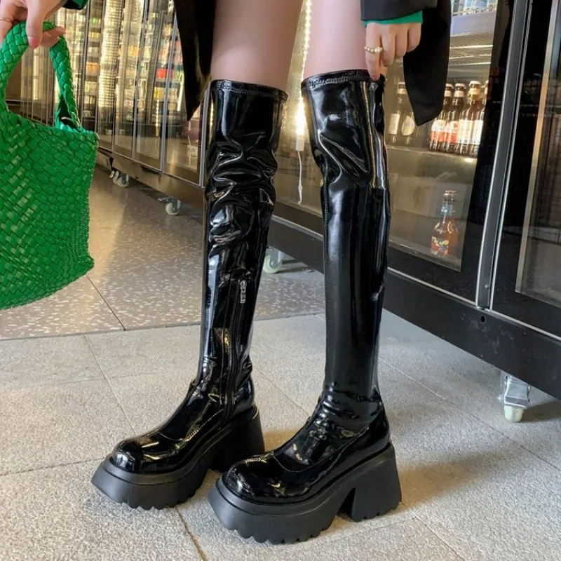 Punk Style Woman Knee-High Boots Zipper Fashion Patent Leather Long Booties Autumn Winter High Heel Ladies Shoes