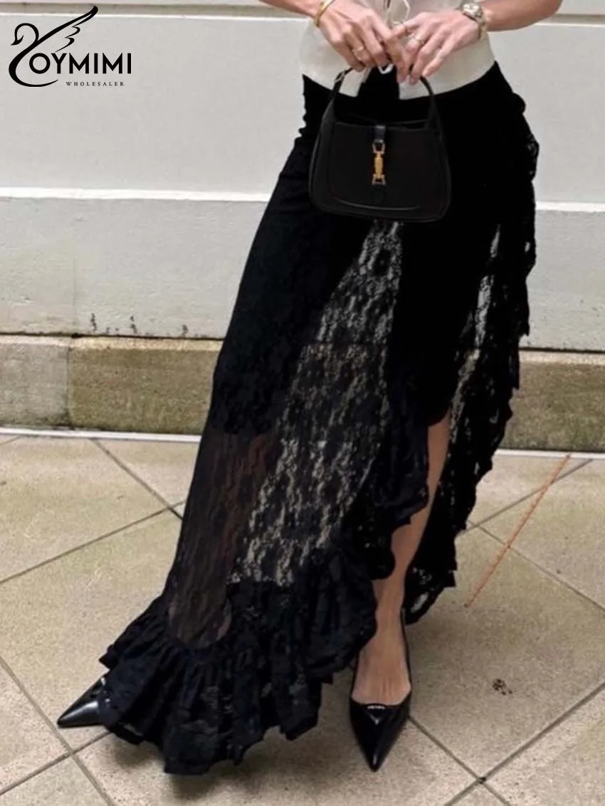 Oymimi Sexy Black Lace Women\'s Skirt Fashion Ruffled Floor-Length Skirts Summer Casual New Side Slit Slim Skirts Female Clothing