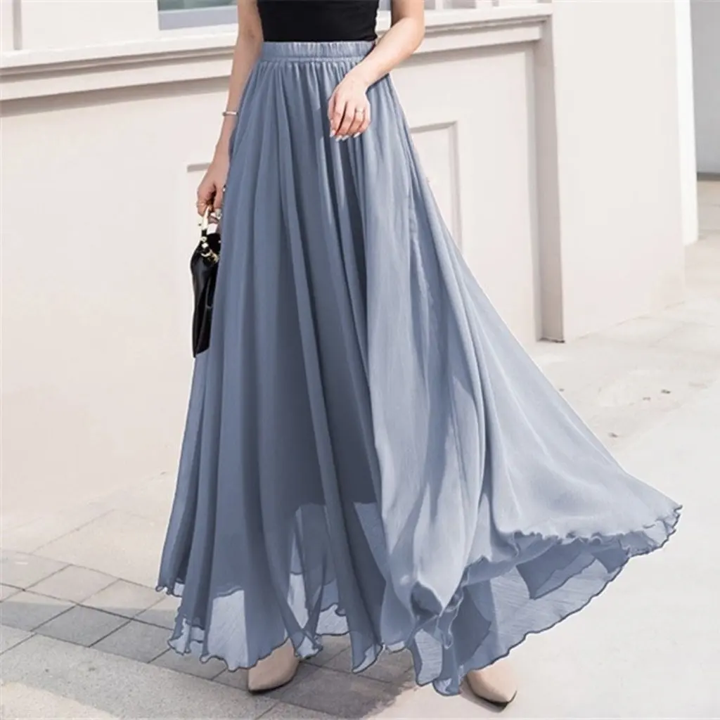 

Women's High Waist Chiffon Skirt Solid Color European American Style Independent Station Spring Summer Long Swing Skirt