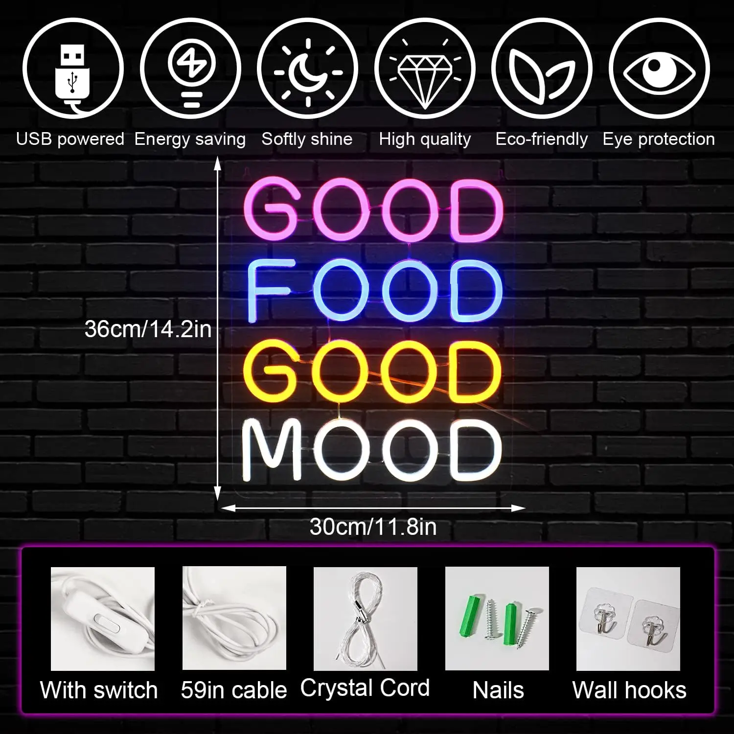 Good Food Good Mood Neon LED Sign for Wall Decor Good Food Good Mood Neon Light with USB Powered for Snack Shop Restaurant Fast
