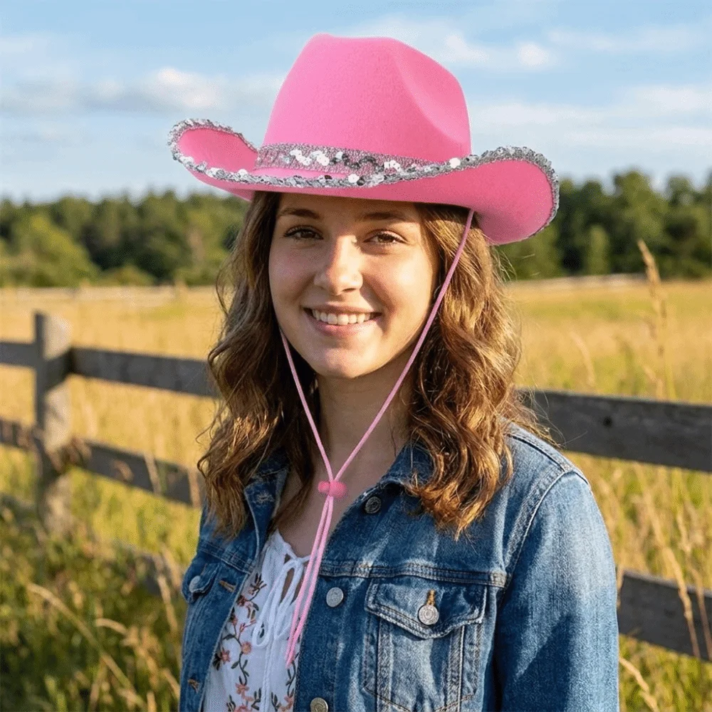 Casual Solid Color Western Cowboy Hat Wide Brim Furry Trim Sequin Cowgirl Hat Sunscreen Ethnic Style Jazz Hat Girl