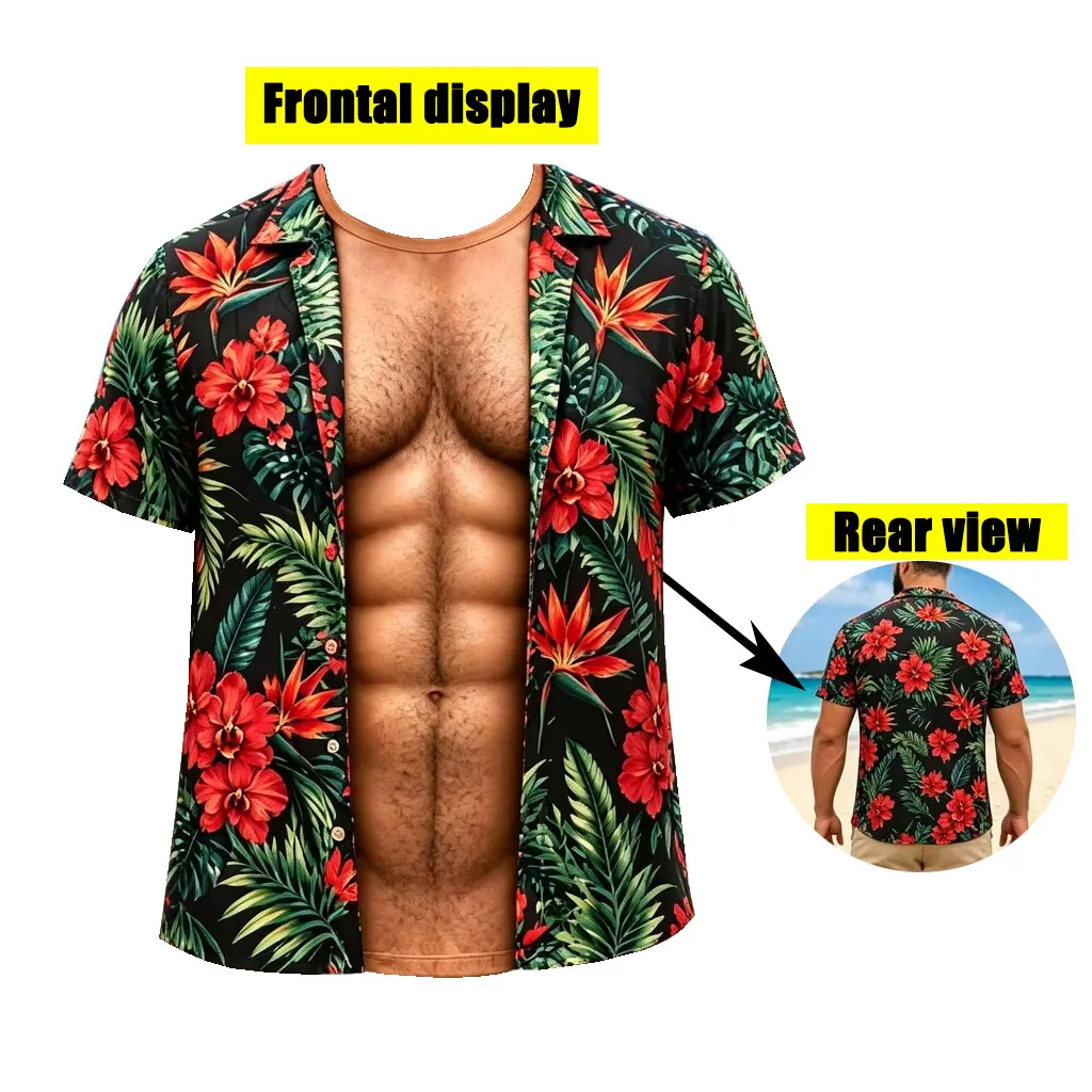 2Men Optical Muscle Illusion T-Shirt, 3D Print Fake Open Hawaiian Tee, Fake Abs Holiday Casual Funny Prank Gift Beach Vacation