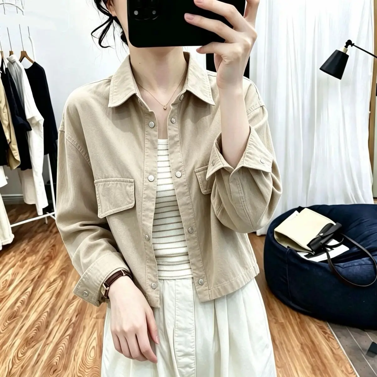 Autumn Winter Thin Lapel Short Jacket Women's Loose Fit Versatile Korean Style Workwear Outerwear Top for plus Size