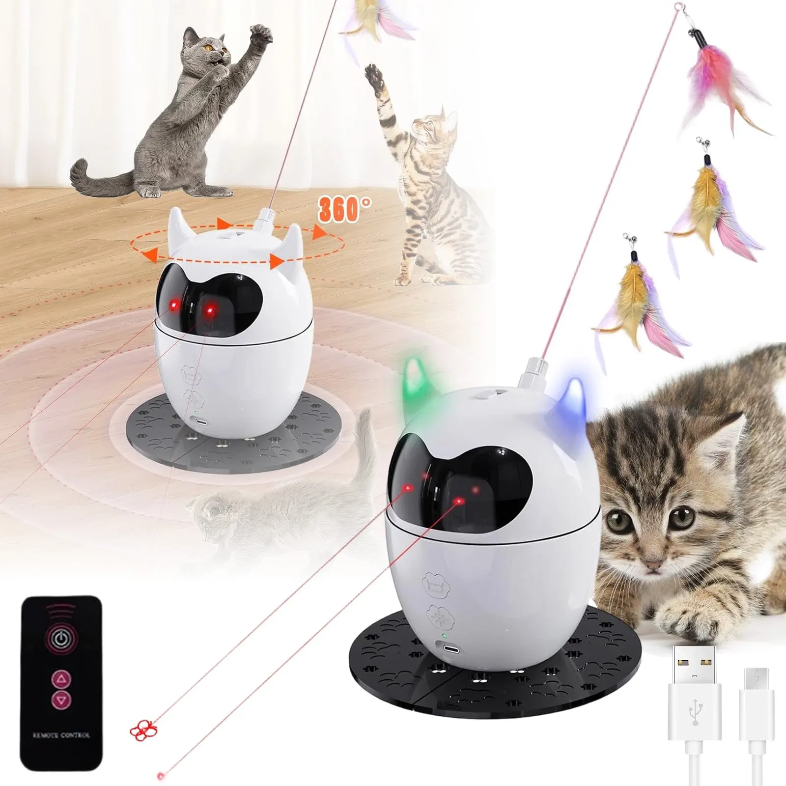 Interaktives Katzenspielzeug für Katzen/Kätzchen/Hunde mit Federstab & 360°-Drehfunktion °   Drehbare Basis, fördert das Training von Hauskatzen