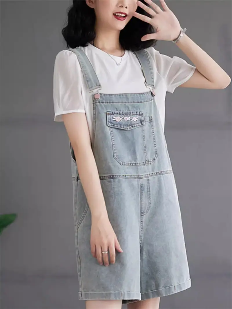 Embroidered Denim Wide Leg Pants Summer Loose Versatile Straps Casual Personalized Patchwork Jumpsuit Women Jeans Shorts K1813