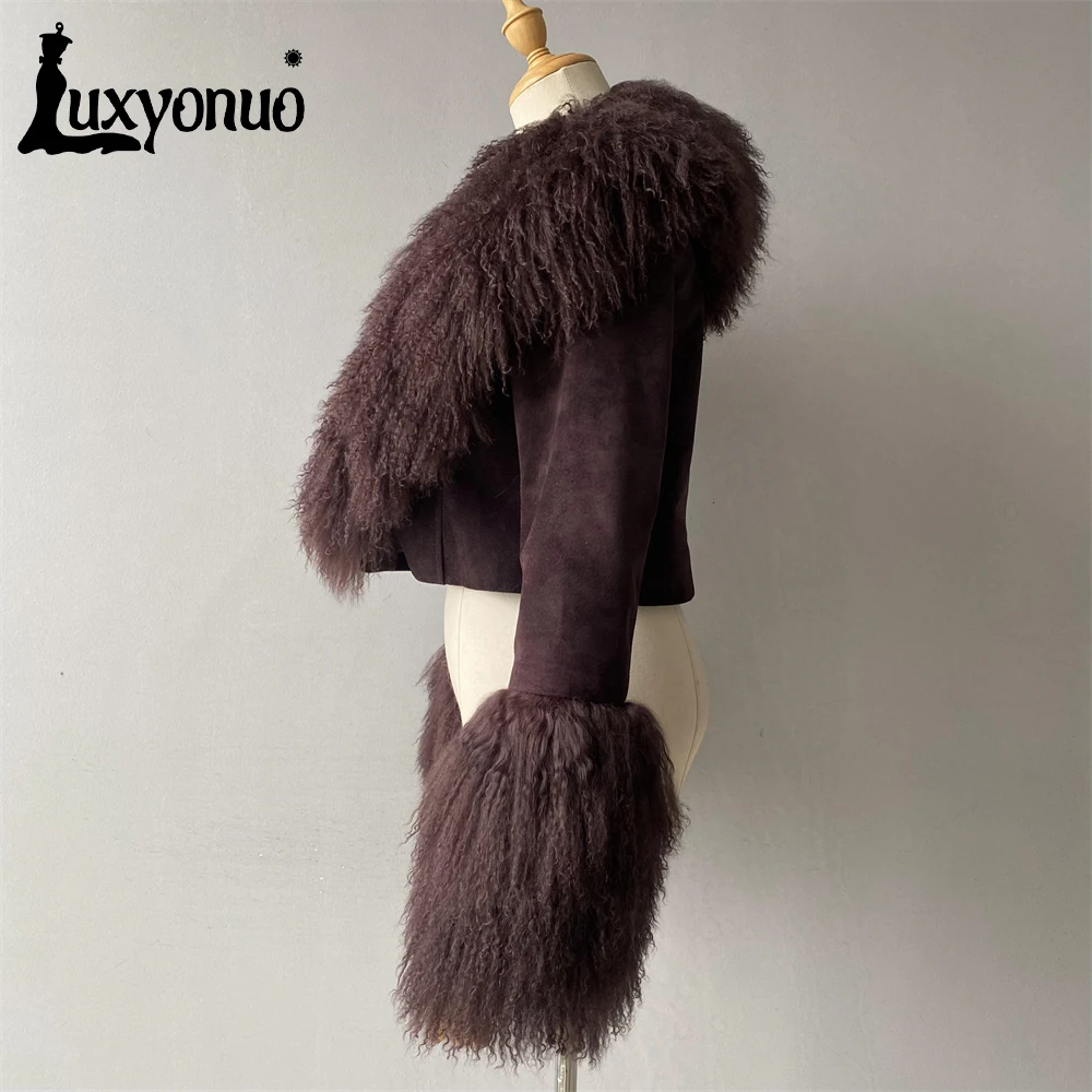 Luxyonuo jaqueta feminina de couro de camurça real luxo grande gola de pele de ovelha mongol e punho senhoras outono inverno moda casaco quente