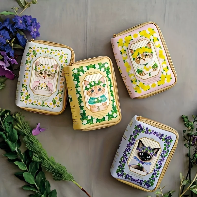 Cat Fairy Flower Plant Illustration Makeup Bag, Creative Book-Shaped Storage Bag Cat Flower Fairy Plant Illustrated Makeup Bag Creative Book-Shaped Storage Bag Cartoon Compact Waterproof Storage Bag