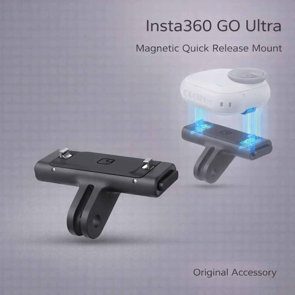 

Магнитное быстросъемное крепление Insta360 GO Ultra с двойной фиксацией, угловым двухштырьковым кронштейном и безопасным зажимом для камеры